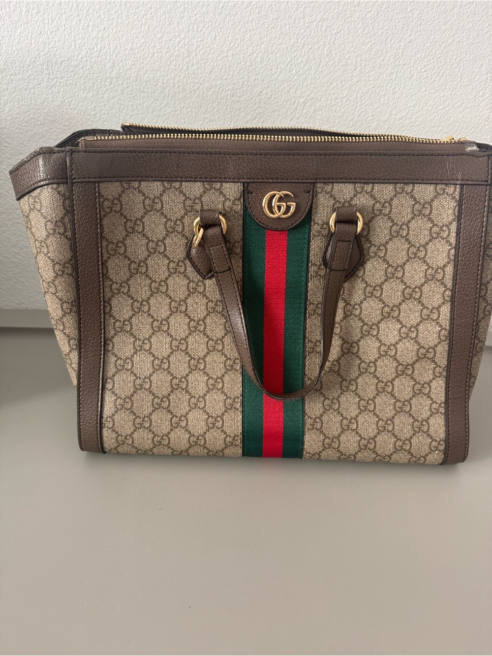 Gucci Brown GG Supreme Large Tote with Green-Red Web Stripe
